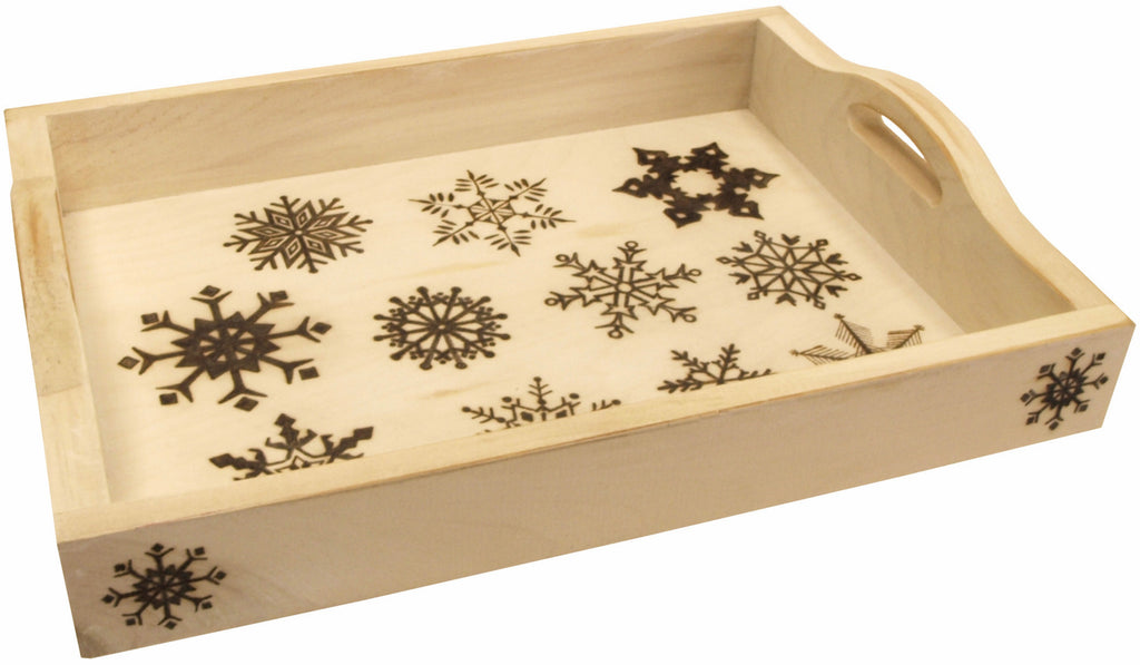 Walnut Pine Rectangle Serving Tray. Kiln dried and finely sanded. Great for painting, stamping, staining, wood burning, decoupage, stickers, stencils, fabric, paper and even carving. Made of 100% natural pine wood with two carved handles.