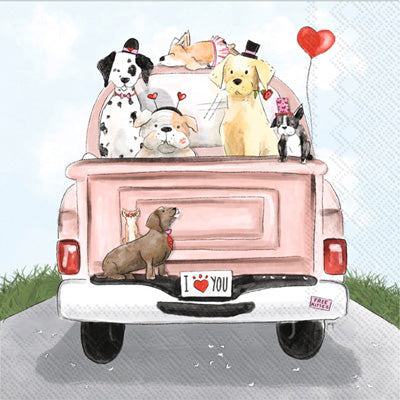 These Valentines Dogs in a Pink Truck Decoupage Paper Napkins are Imported from Europe. Ideal for Decoupage Crafting, DIY craft projects, Scrapbooking