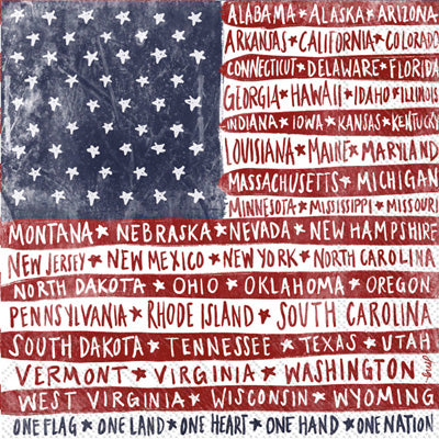 These One Flag One Nation with state names Decoupage Paper Napkins are exceptional quality. Imported from Europe. 3-ply. Ideal for Decoupage Crafting, DIY craft projects