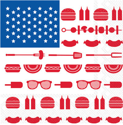 These red white and blue Patriotic Cookout Flag Cookout Decoupage Paper Napkins are exceptional quality. Imported from Europe. Ideal for Decoupage Crafting, DIY craft projects, Scrapbooking, Mixed Media