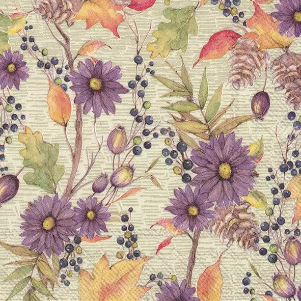 These purple flowers and leaves Decoupage Paper Napkins are Imported from Europe. Ideal for Decoupage Crafting, DIY craft projects, Scrapbooking, Mixed Media