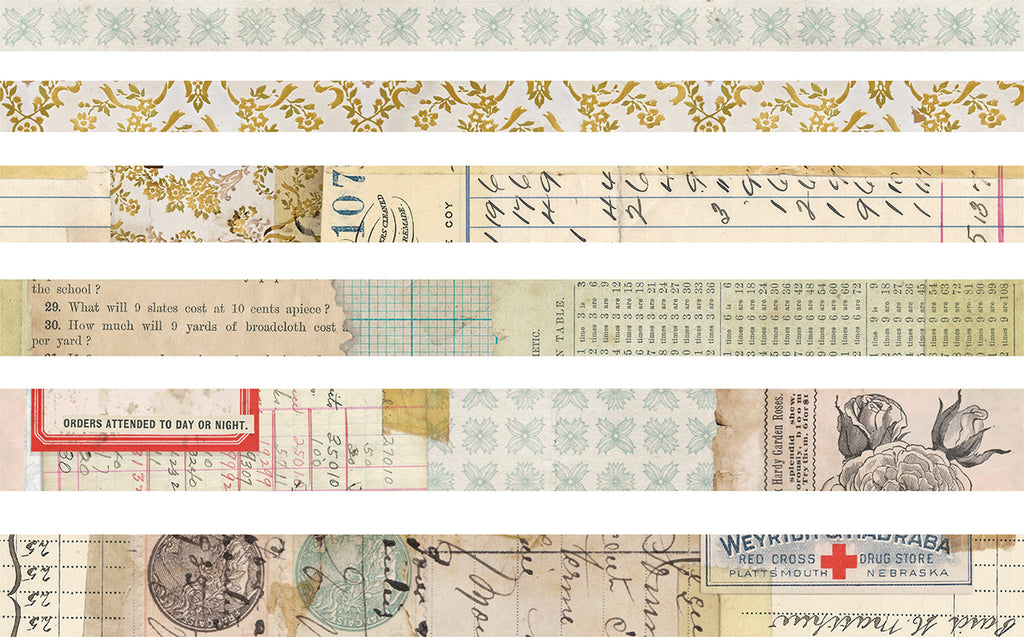 Tim Holtz Idea-Ology Salvaged Design Tape can be used for project embellishments and borders. Adhesive backed. Each package contains multiple rolls and designs. Perfect for Decoupage
