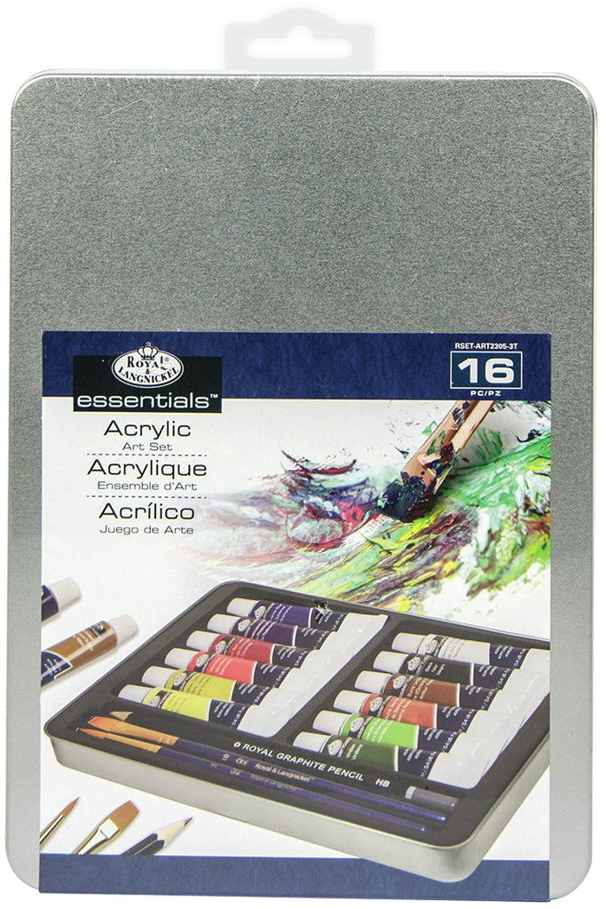Acrylic Paint Art Kit is packaged in a 6-1/8x8-1/2x 3/4in metal tin and contains: one graphite pencil, two gold Taklon brushes (Round 5 and flat 10), twelve 12ml Essentials acrylic paints. 