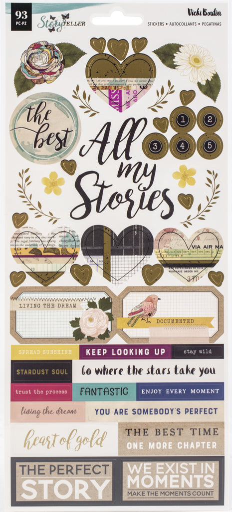 Vicki Boutin Storyteller Cardstock Stickers 6"x12" The perfect addition to scrapbook pages, cards and much more! This package contains 93 assorted stickers