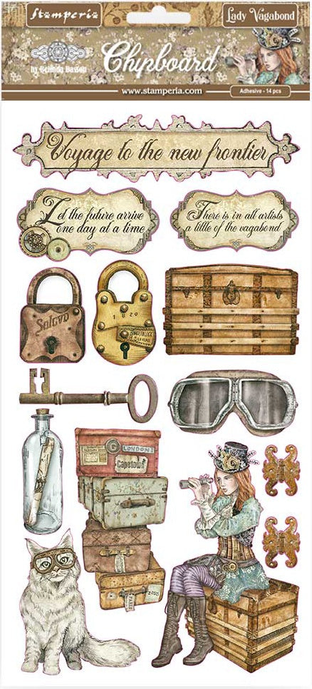 Stamperia Lady Vagabond Chipboard Die Cuts have an adhesive backing. They feature beautiful collections designed by top European artists.