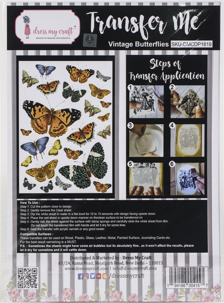 Shop Vintage Butterflies Dress My Craft Transfer Me Papers for Craft Projects. Incredibly beautiful. Vibrant and Crisp transfer image. Perfect for Furniture Upcycle, DIY projects, Craft projects, Mixed Media, Decoupage Art and more.