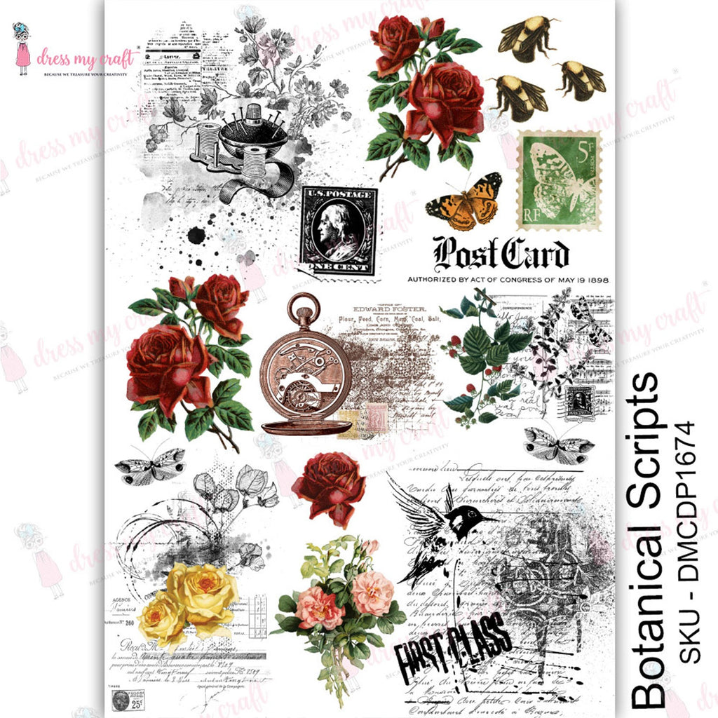 Shop Botanical Scripts Dress My Craft Transfer Me Papers for Craft Projects. Incredibly beautiful. Vibrant and Crisp transfer image. Perfect for Furniture Upcycle, DIY projects, Craft projects, Mixed Media, Decoupage Art and more.