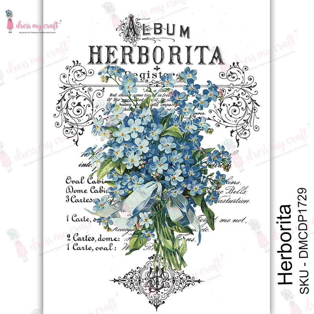 Shop Herborita Blue Floral Dress My Craft Transfer Me Papers for Craft Projects. Incredibly beautiful. Vibrant and Crisp transfer image. Perfect for Furniture Upcycle, DIY projects, Craft projects, Mixed Media, Decoupage Art and more.