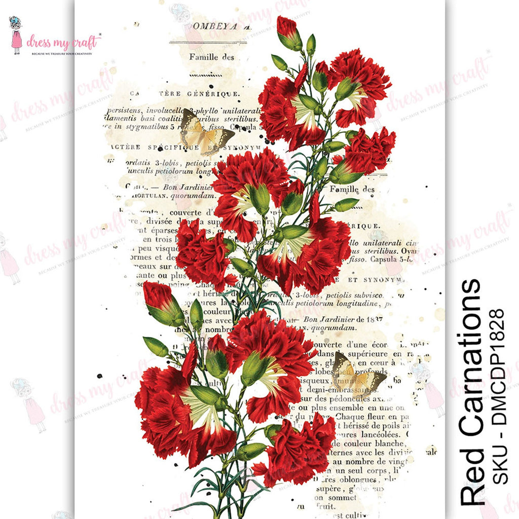 Shop Red Carnations Dress My Craft Transfer Me Papers for Craft Projects. Incredibly beautiful. Vibrant and Crisp transfer image. Perfect for Furniture Upcycle, DIY projects, Craft projects, Mixed Media, Decoupage Art and more.