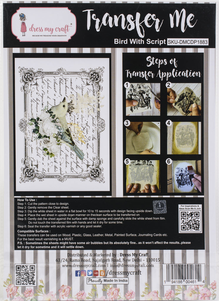 Shop Bird with Script Dress My Craft Transfer Me Papers for Craft Projects. Incredibly beautiful. Vibrant and Crisp transfer image. Enhances look of Wood, Metal, Plastic, Leather, Marble, Glass, Terracotta