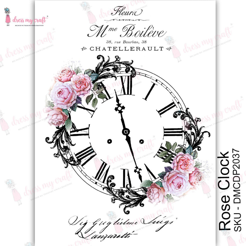 Shop Rose Clock Dress My Craft Transfer Me Papers for Craft Projects. Incredibly beautiful. Vibrant and Crisp transfer image. Perfect for Furniture Upcycle, DIY projects, Craft projects, Mixed Media, Decoupage Art and more.