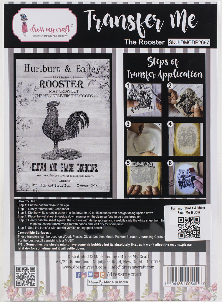 Shop Rooster  Dress My Craft Transfer Me Papers for Craft Projects. Incredibly beautiful. Vibrant and Crisp transfer image. Perfect for Furniture Upcycle, DIY projects, Craft projects, Mixed Media, Decoupage Art and more.