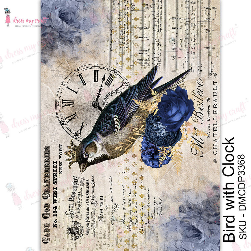 Shop Vintage Bird with Clock Dress My Craft Transfer Me Papers for Craft Projects. Incredibly beautiful. Vibrant and Crisp transfer image. Enhances look of Wood, Metal, Plastic, Leather, Marble