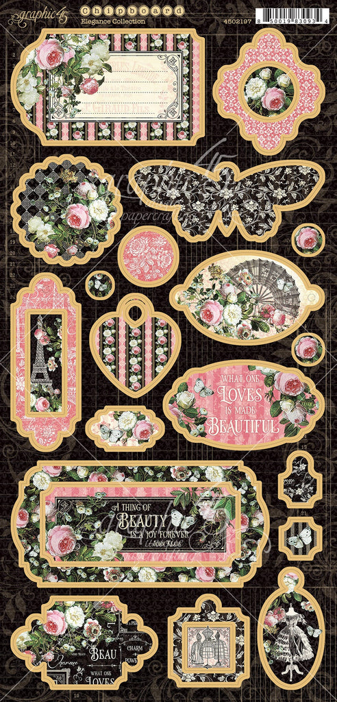 Elegance is a French inspired collection of Victorian florals, patterns with dress forms, the Eiffel Tower, flowers, bottles of eau de toilette, and more. This pack is filled with black, pink, cream, and more. Decorative embellishments Sturdy die-cut chipboard finished Size is 6 x 12.5-Inch Made in the USA cover-weight papers are acid and lignin free.