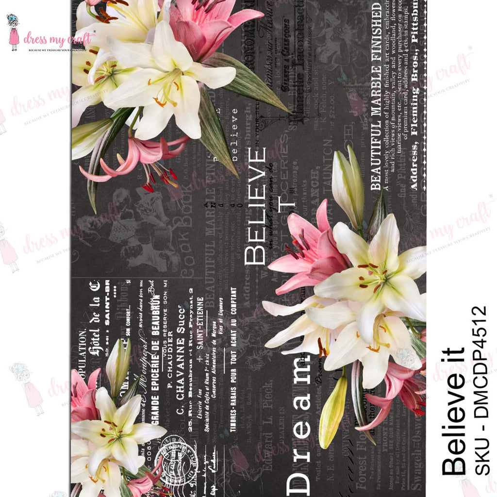 Shop Believe It Floral Dress My Craft Transfer Me Papers for Craft Projects. Incredibly beautiful. Vibrant and Crisp transfer image. Perfect for Furniture Upcycle, DIY projects, Craft projects, Mixed Media, Decoupage Art and more.