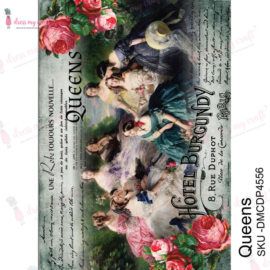 Shop Queens Dress My Craft Transfer Me Papers for Craft Projects. Incredibly beautiful. Vibrant and Crisp transfer image. Perfect for Furniture Upcycle, DIY projects, Craft projects, Mixed Media, Decoupage Art and more.