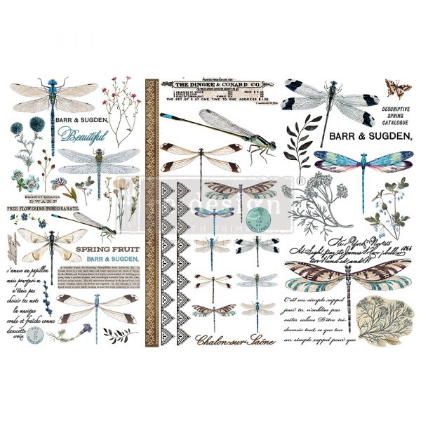 ReDesign with Prima Spring Dragonfly Decor Transfers® are easy to use rub-on transfers for Furniture and Mixed Media uses. Simply peel, rub-on and transfer