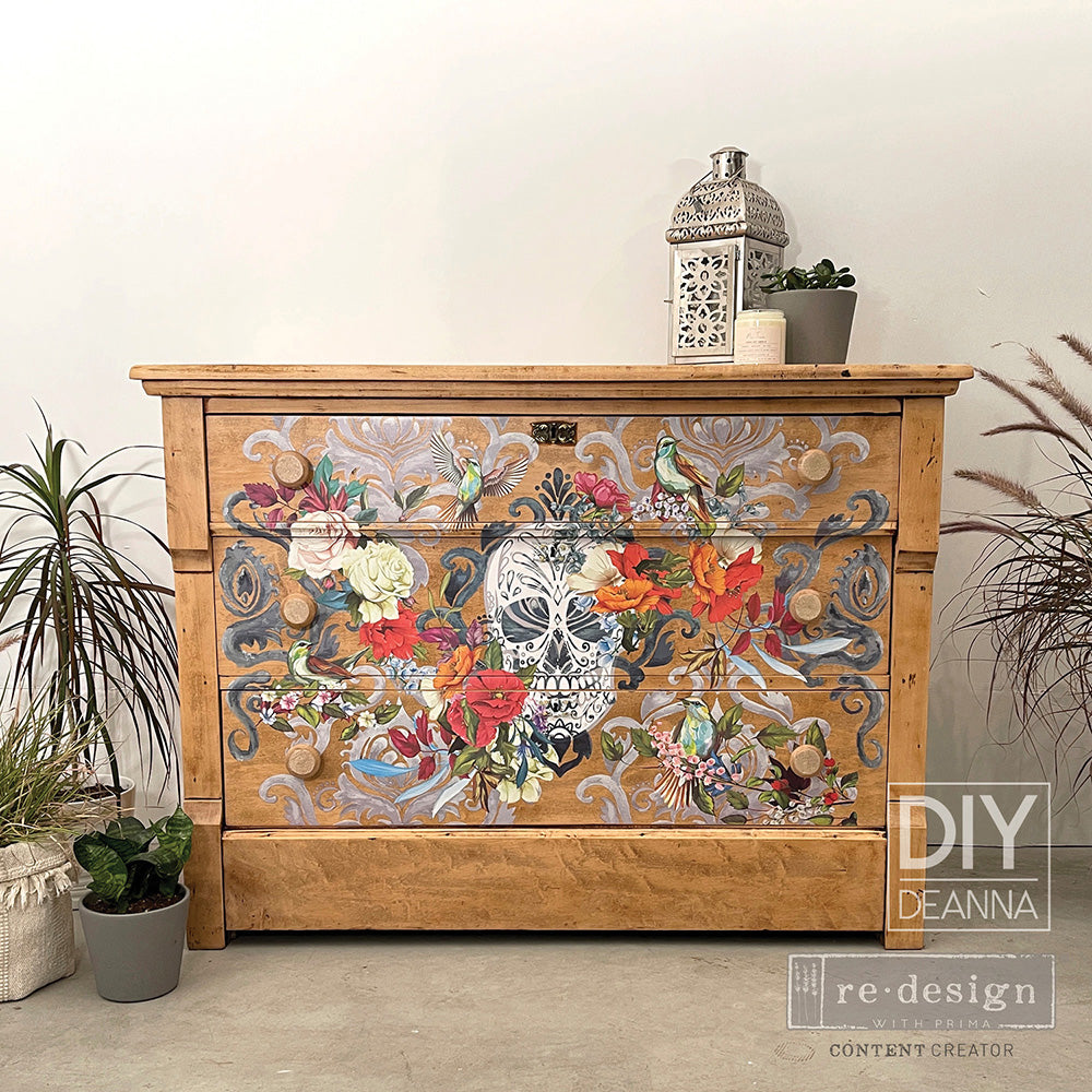 Floral Skull ReDesign with Sweet Dreaming Decor Transfers® are easy to use rub-on transfers for Furniture and Mixed Media uses. Simply peel, rub-on and transfer