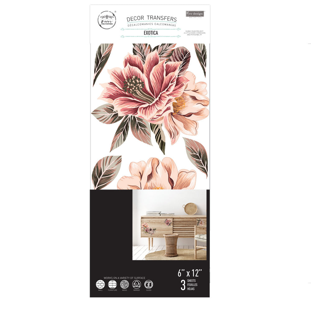 ReDesign with Prima Exotica Decor Transfers® are easy to use rub-on transfers for Furniture and Mixed Media uses. Simply peel, rub-on and transfer.