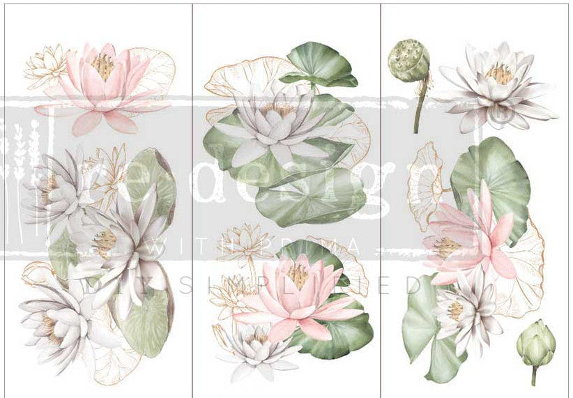 ReDesign with Prima Water Lilies Decor Transfers® are easy to use rub-on transfers for Furniture and Mixed Media uses. Simply peel, rub-on and transfer. 