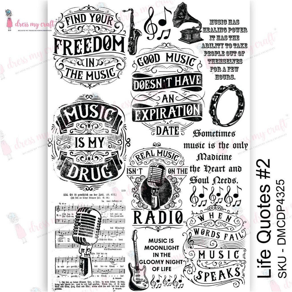 Shop Life Quotes Music Dress My Craft Transfer Me Papers for Craft Projects. Incredibly beautiful. Vibrant and Crisp transfer image. Perfect for Furniture Upcycle, DIY projects, Craft projects, Mixed Media, Decoupage Art and more.