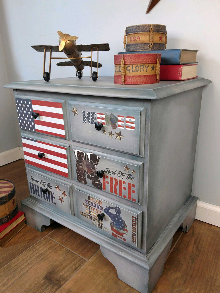 ReDesign with Prima Veteran Decor Transfers® are easy to use rub-on transfers for Furniture and Mixed Media uses. Simply peel, rub-on and transfer