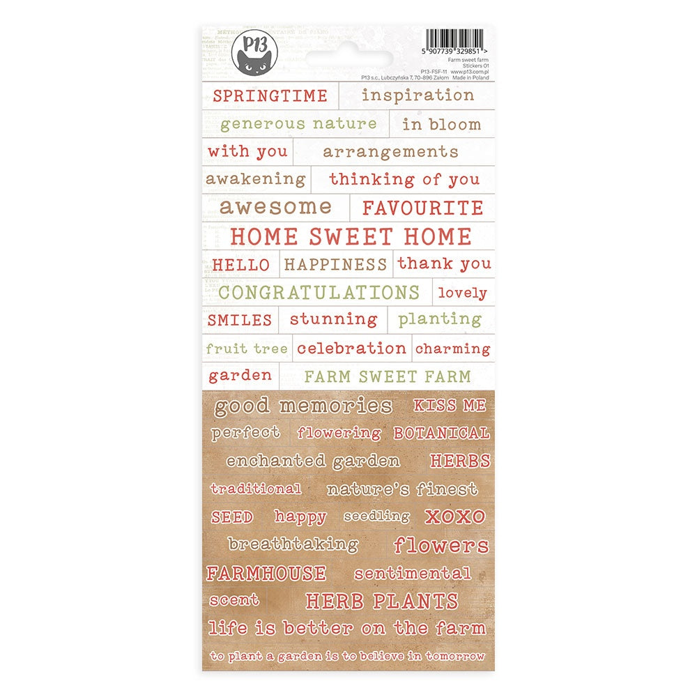 Add style to greeting cards, scrapbook pages, altered art, mixed media and more. This package contains P13 brand Farm Sweet Farm Cardstock Stickers. Package dimension 4"x9" inches. Imported from Poland.