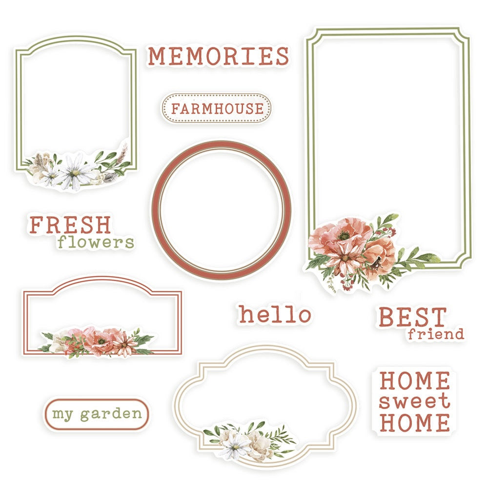 Farm Sweet Farm Cardstock die cut Frames & Words embellishments can add whimsy, dimension, color and style to greeting cards, scrapbook pages
