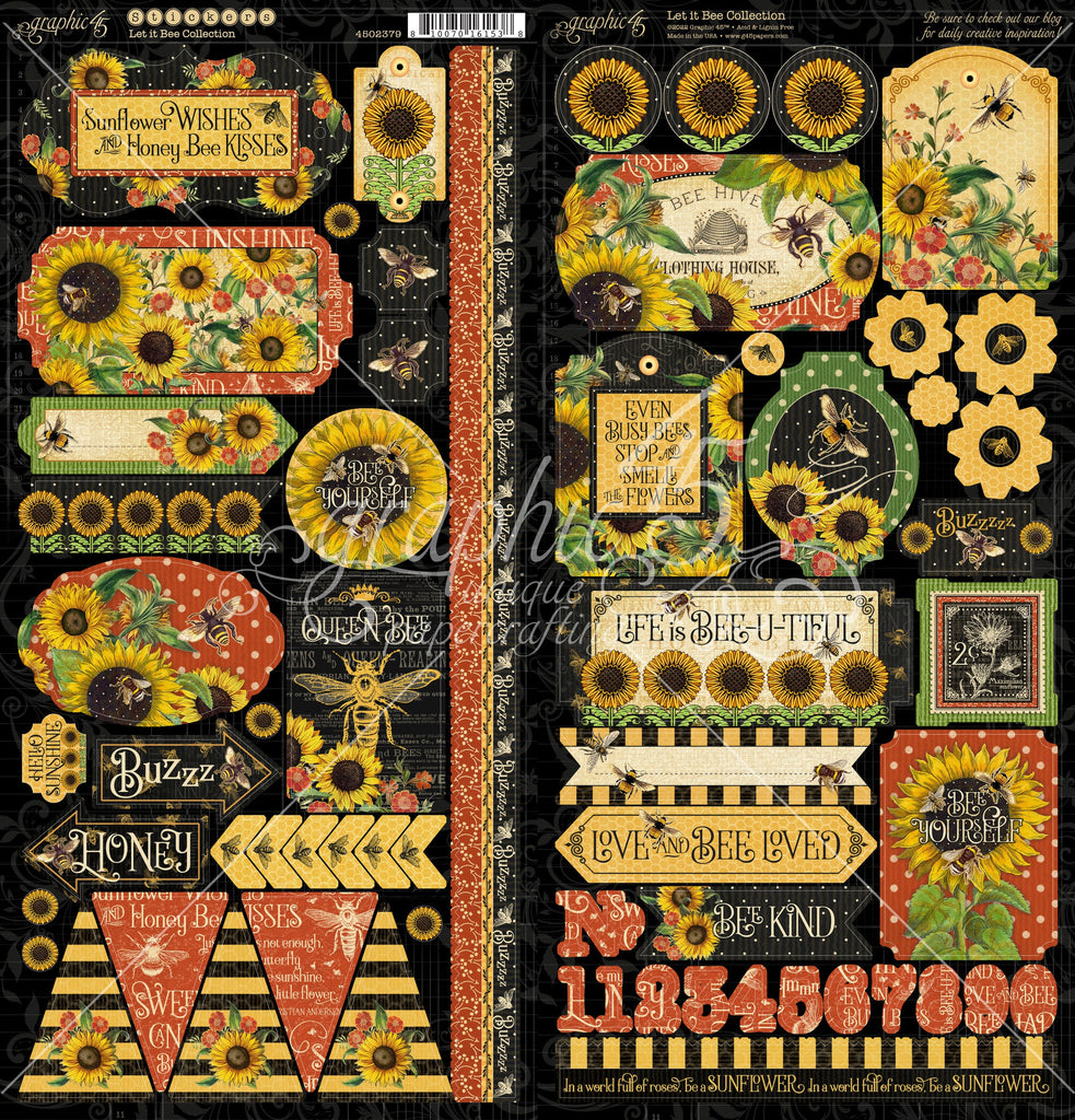 Let it Bee is a bright, fun, and bee-u-tiful collection by Graphic 45. Full of vibrant sunflowers, golden bees, and bright red poppies all set on a striking black backdrop