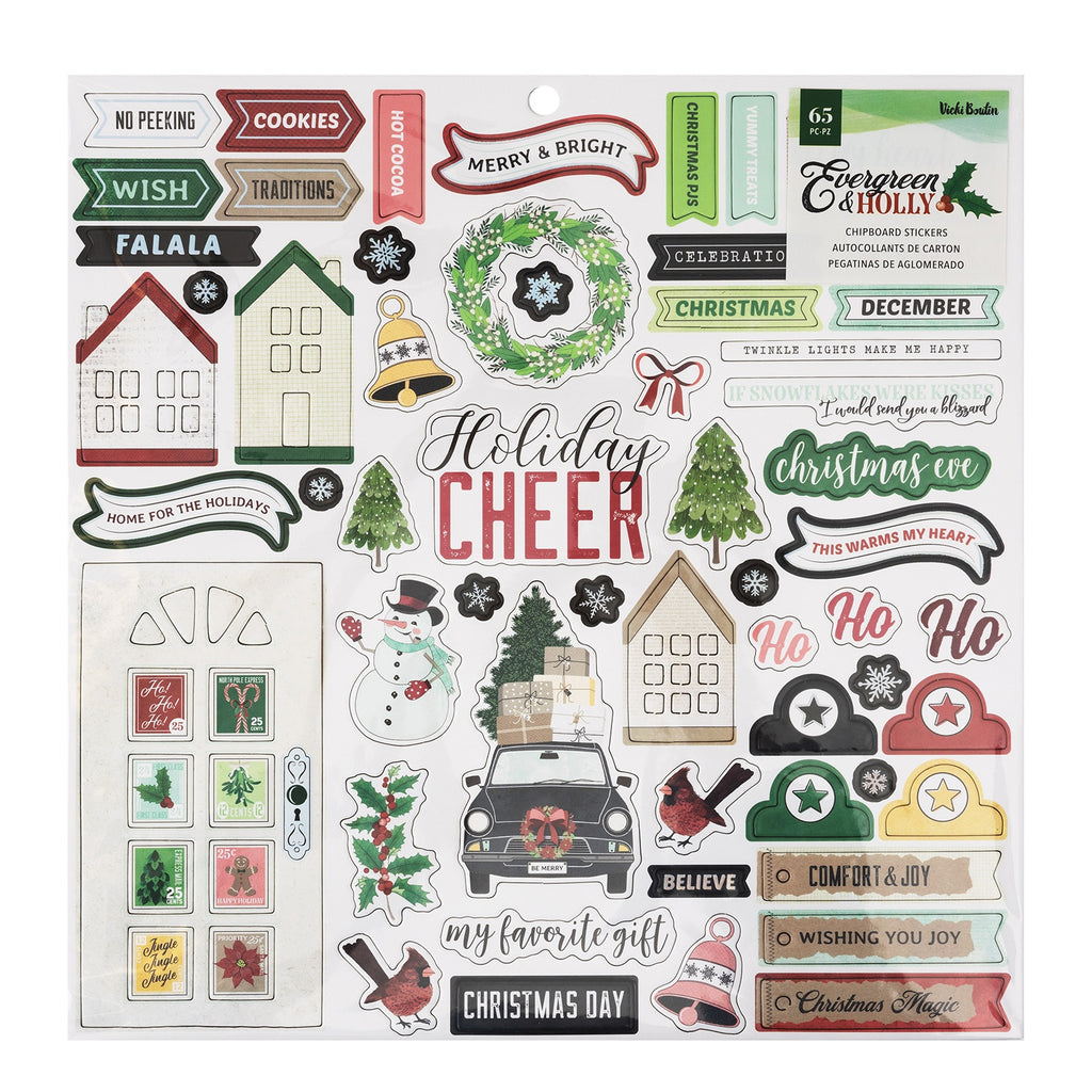 This package contains Vicki Boutin Evergreen & Holly Chipboard Stickers, Icons & Phrases, 65 pieces