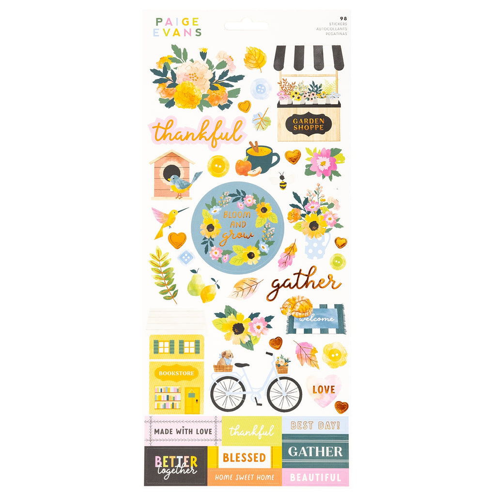 This package contains Paige Evans Garden Shoppe Stickers, Accents & Phrases with Copper Foil Accents