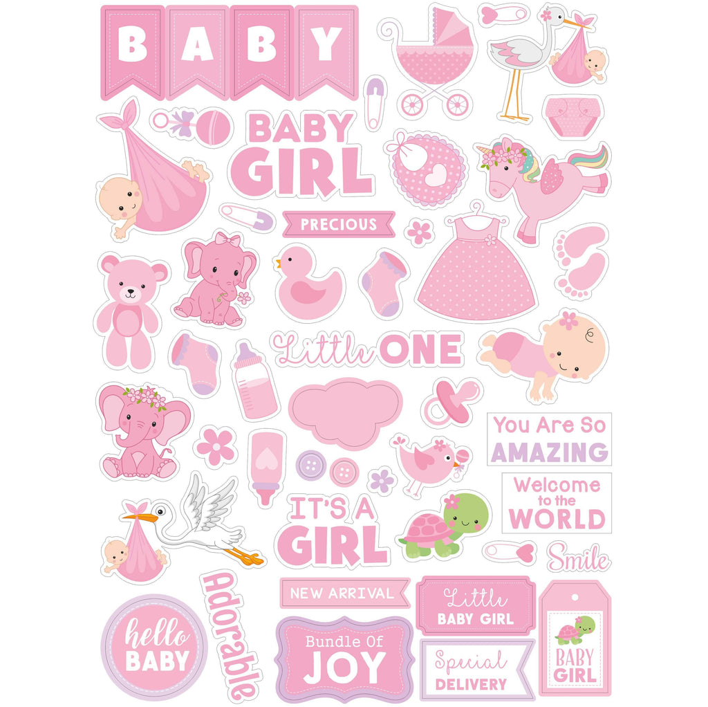 Baby Girl pink die cut embellishments can add whimsy, dimension, color and style to greeting cards, scrapbook pages, altered art, mixed media
