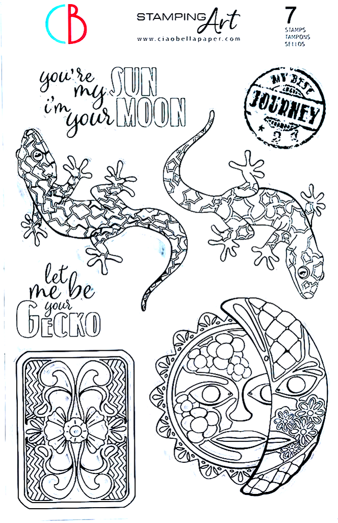 Journey to Mexico stamp with lizards, gecko and Southwest tiles. Shop Ciao Bella clear high quality Photopolymer Stamps.