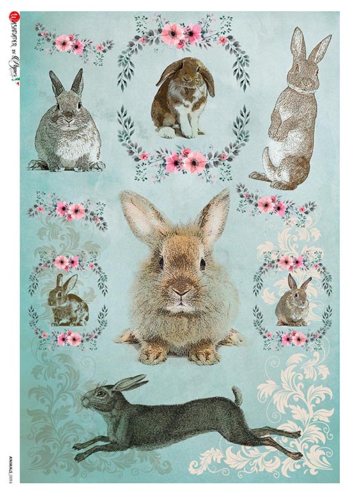This Beautiful Bunnies on blue background  A5 Rice Paper is of Exquisite Quality for Decoupage crafts. Thin yet durable. Imported from Europe