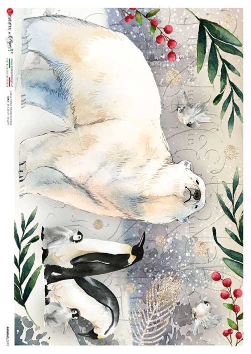 white polar bear with penquins in snow European Paper Designs Italy Rice Paper is of exquisite Quality for Decoupage art