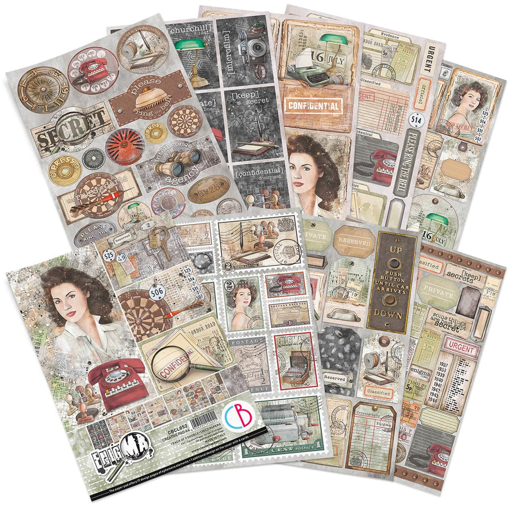 Enigma Creative Pad. These beautiful Italian made Ciao Bella Creative Pads are coordinated sets containing fun designs for cut-out and matching papers for your next decoupage craft project. They are 190 gsm