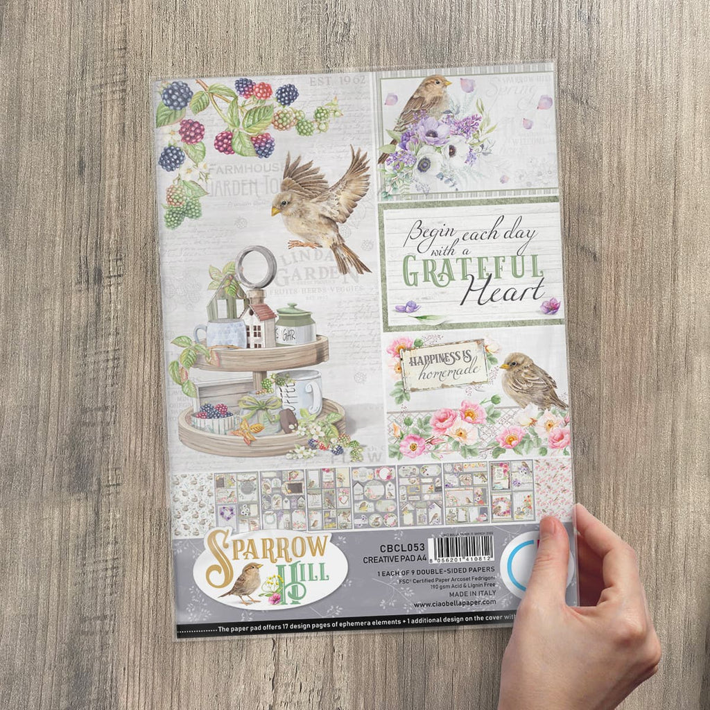 Sparrow Hill Creative Pad. These beautiful Italian made Ciao Bella Creative Pads are coordinated sets containing fun designs for cut-out and matching papers. They are 190 gsm weight