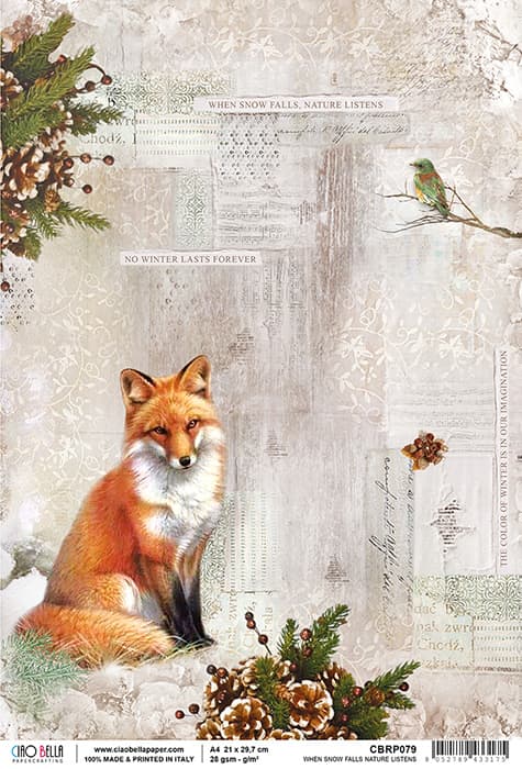 Fox in Snow with Greenery and Pinecones Decoupage Rice Paper for Crafting, Scrapbooking, Journaling, Mixed Media, Cardmaking