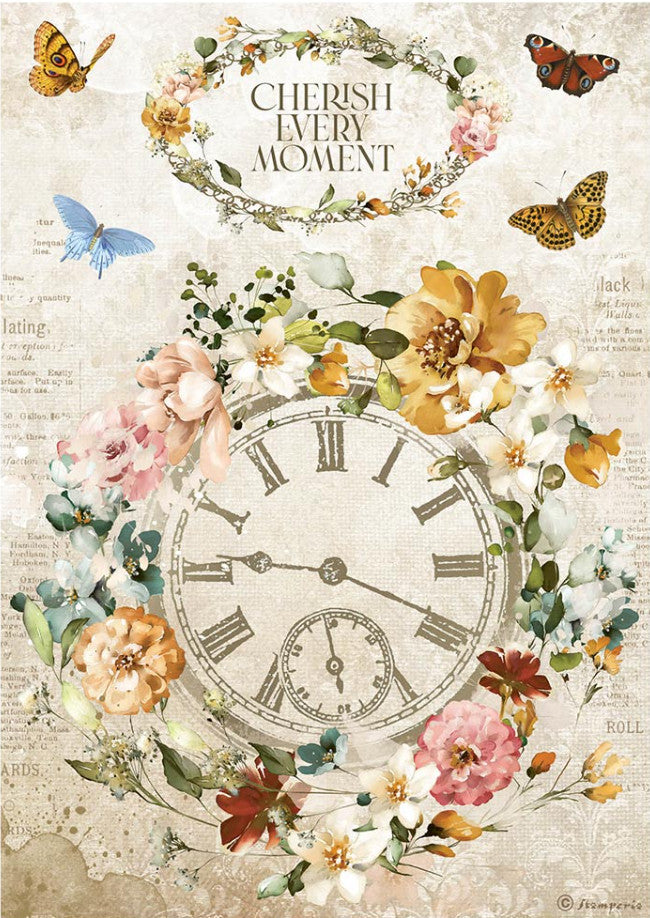 StamperiaCherish Every Moment Clock  A4 Rice Papers are of Exquisite Quality for Decoupage Art. Vibrant colorful patterns. Thin yet durable. Imported from Europe. Ideal for Scrapbooking