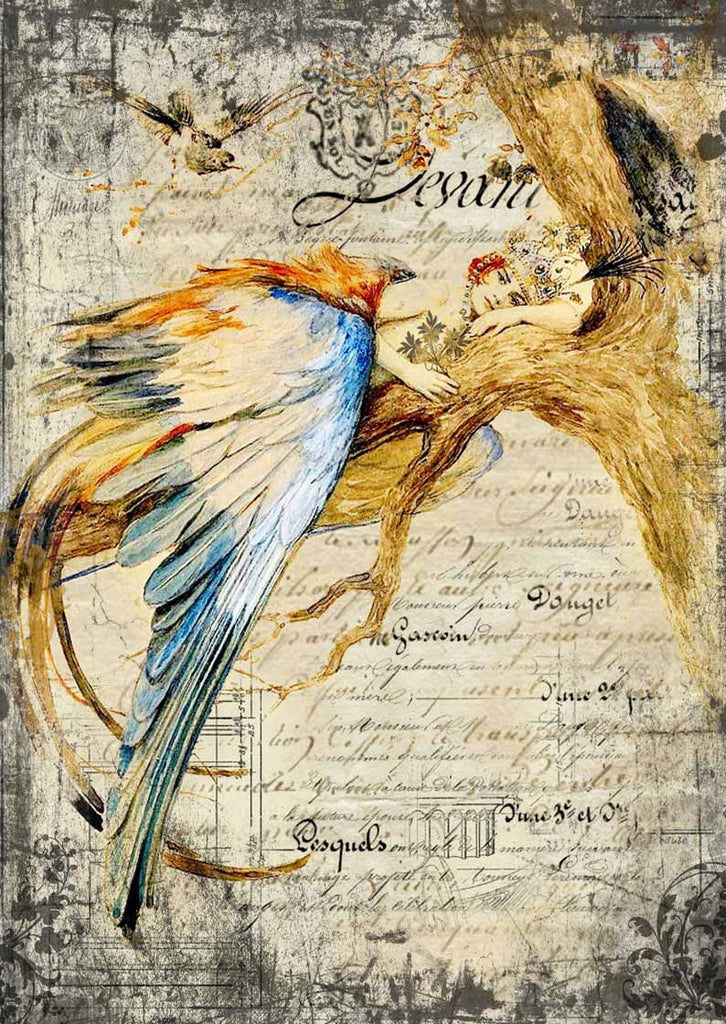 Shop gold and blue Bluebird Queen in tree A3 Rice Papers from Decoupage Queen are manufactured in Italy using Eco-friendly inks. This craft paper is delicate yet durable and perfect for Decoupage Art, Mixed Media, Scrapbooking