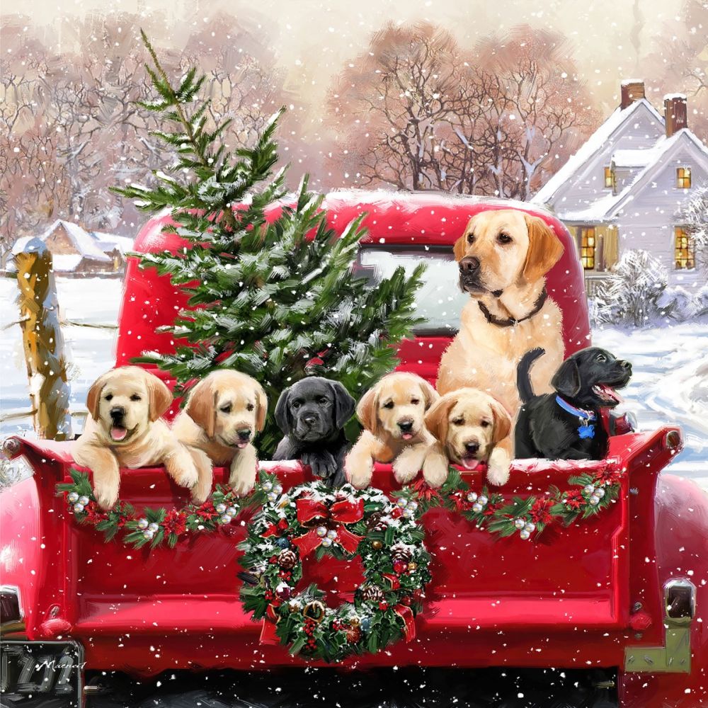 Decoupage Napkin Truck of Pups with Christmas tree in farm snowy scene