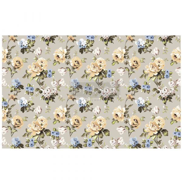 Yellow and blue floral on olive green background, ReDesign with Prima Décor Tissue Paper for Decoupage