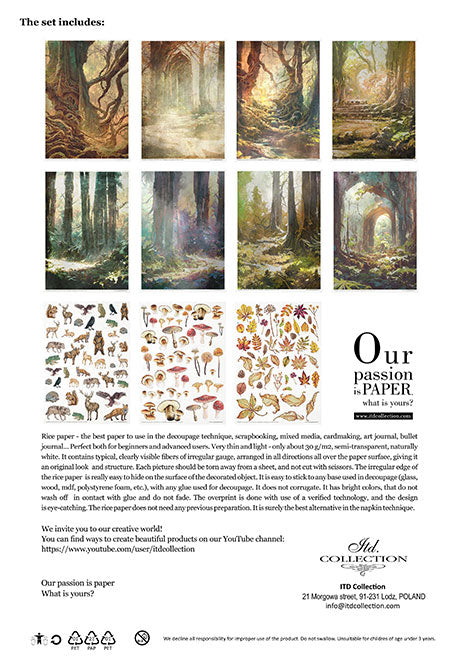 Mysterious Forest. A4 Rice Paper by ITD Collection. Exquisite Quality. Thin yet durable. Imported from Europe. Beautiful colors & patterns. Decorative fibers and ink colors