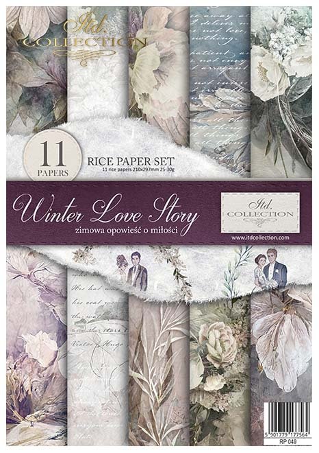 Winter Love Story floral A4 Rice Paper by ITD Collection in muted blue and pink. Exquisite Quality. Thin yet durable. Imported from Europe. Beautiful colors & patterns