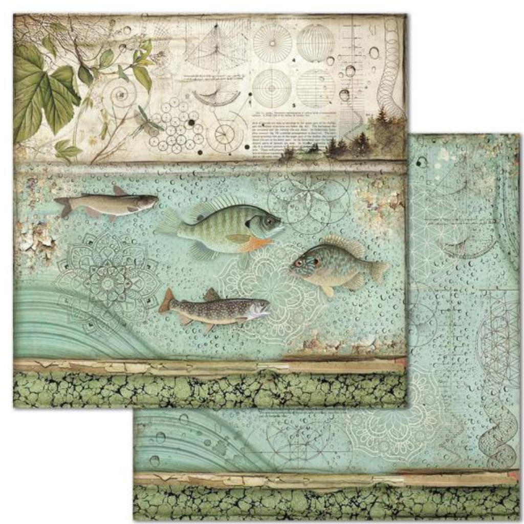 Blue Green and Tan fish in lake. Forest Fish Cards 12"x12" Double-Sided Cardstock. Beautiful 12x12 Scrapbooking paper by Stamperia.