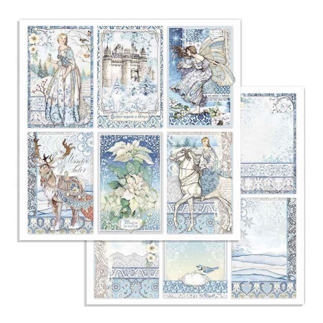 Blue and white princess & castles. Winter Tales Cards 12"x12" Double-Sided Cardstock. Beautiful 12x12 Scrapbooking paper by Stamperia