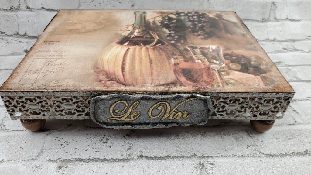 wooden riser with beautiful wine themed Decoupage Rice Paper from Decoupagenapkins.com