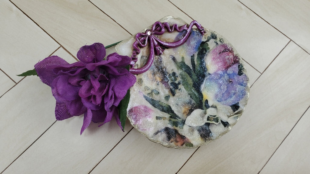 Seashell decorated with decoupage rice paper and embellishments. Nautical theme paper.