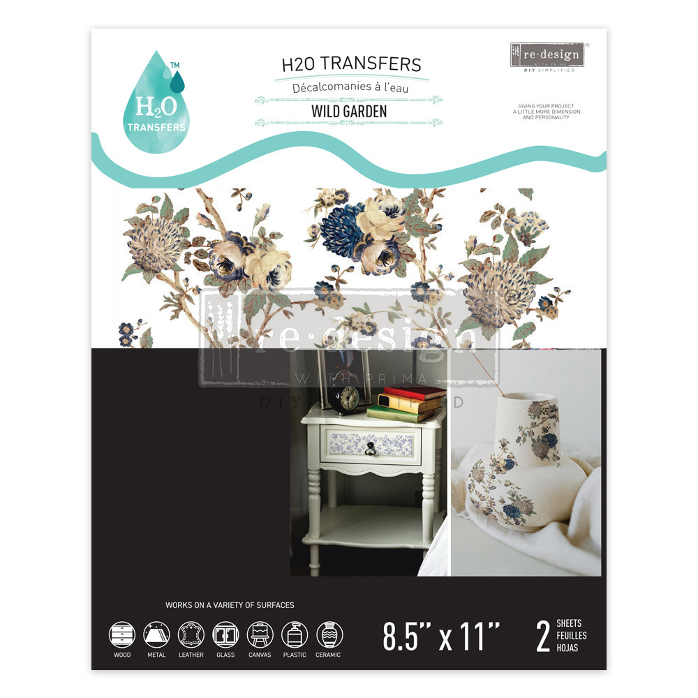 white and black packaging of a colorful floral wet H20 transfer by ReDesign with Prima from DecoupageNapkins.com