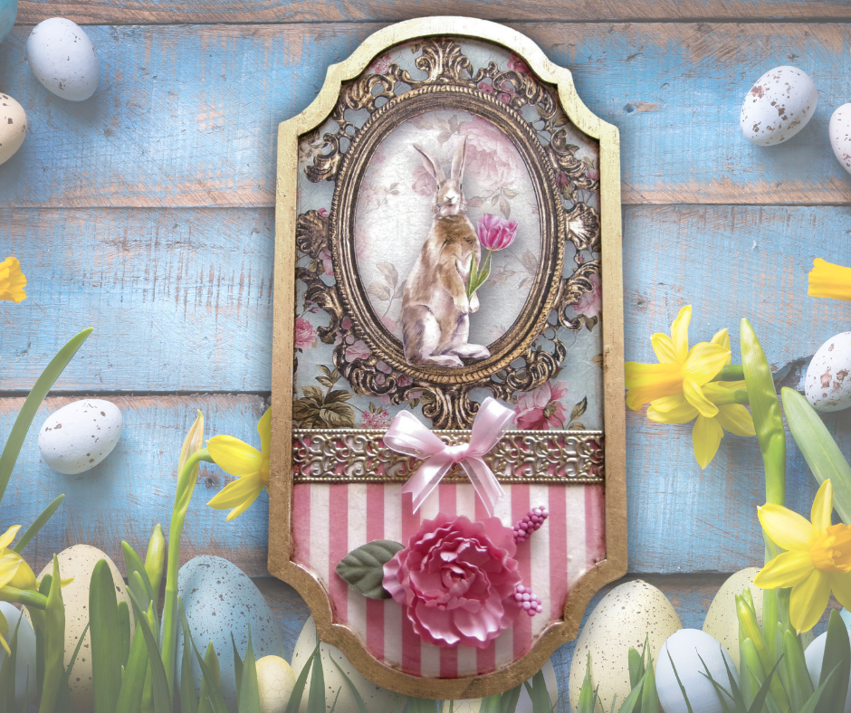 cute Easter plaque on blue wood background with easter egg and flowers trim a